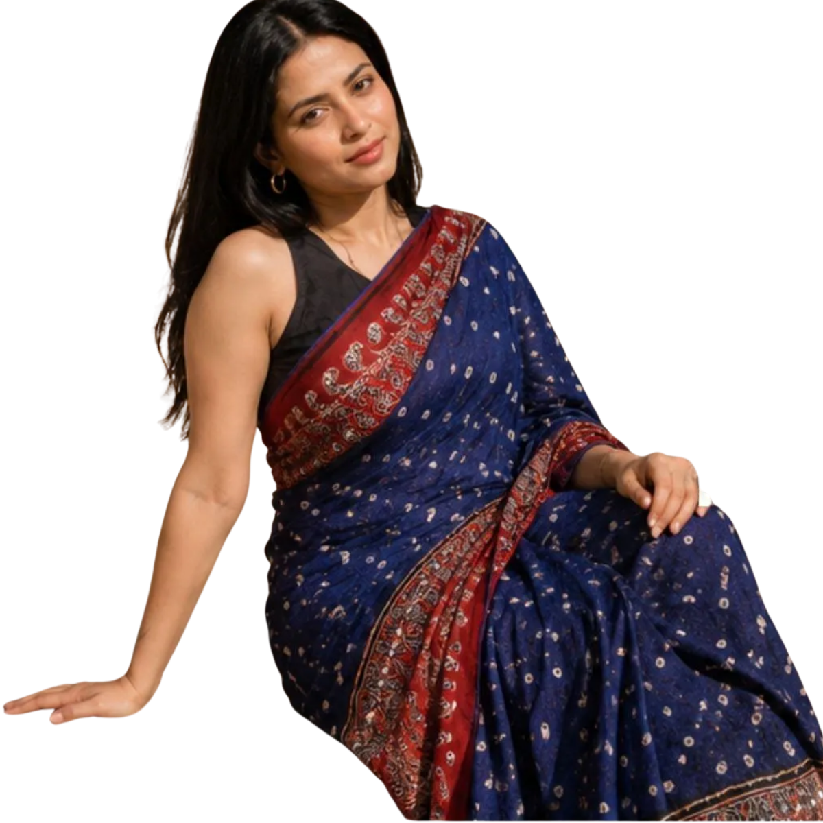 Ajrakh Modal Silk Bandhani Blue Saree with Blouse ,Mirror Work,Sangeet Outfit, Party Wear