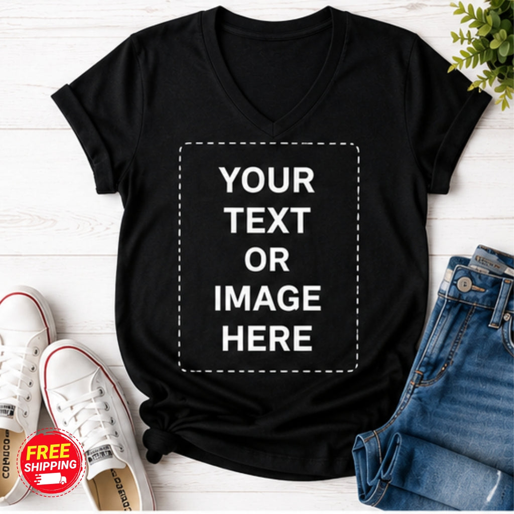 Personalised V-Neck T-Shirt for Women – 100% Cotton Custom Photo & Text Tee