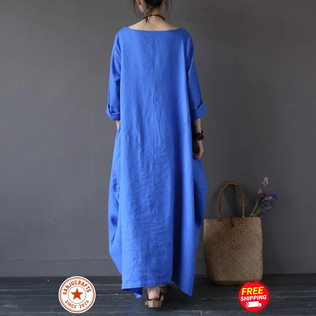 Linen Maxi Dress With Sleeves, Oversized Cotton Plus Size Summer Outfit