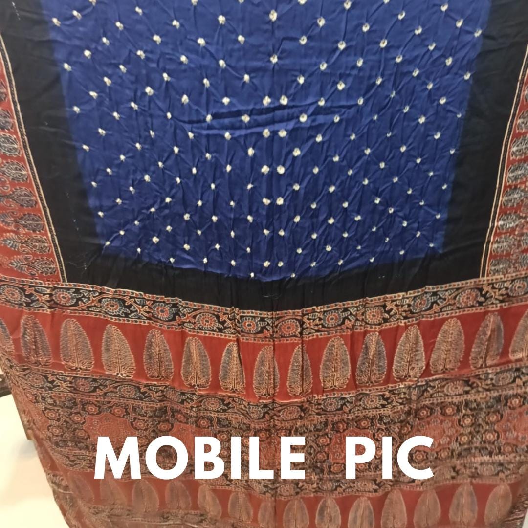 Ajrakh Modal Silk Bandhani Blue Saree with Blouse ,Mirror Work,Party, Sangeet, Wedding Outfit