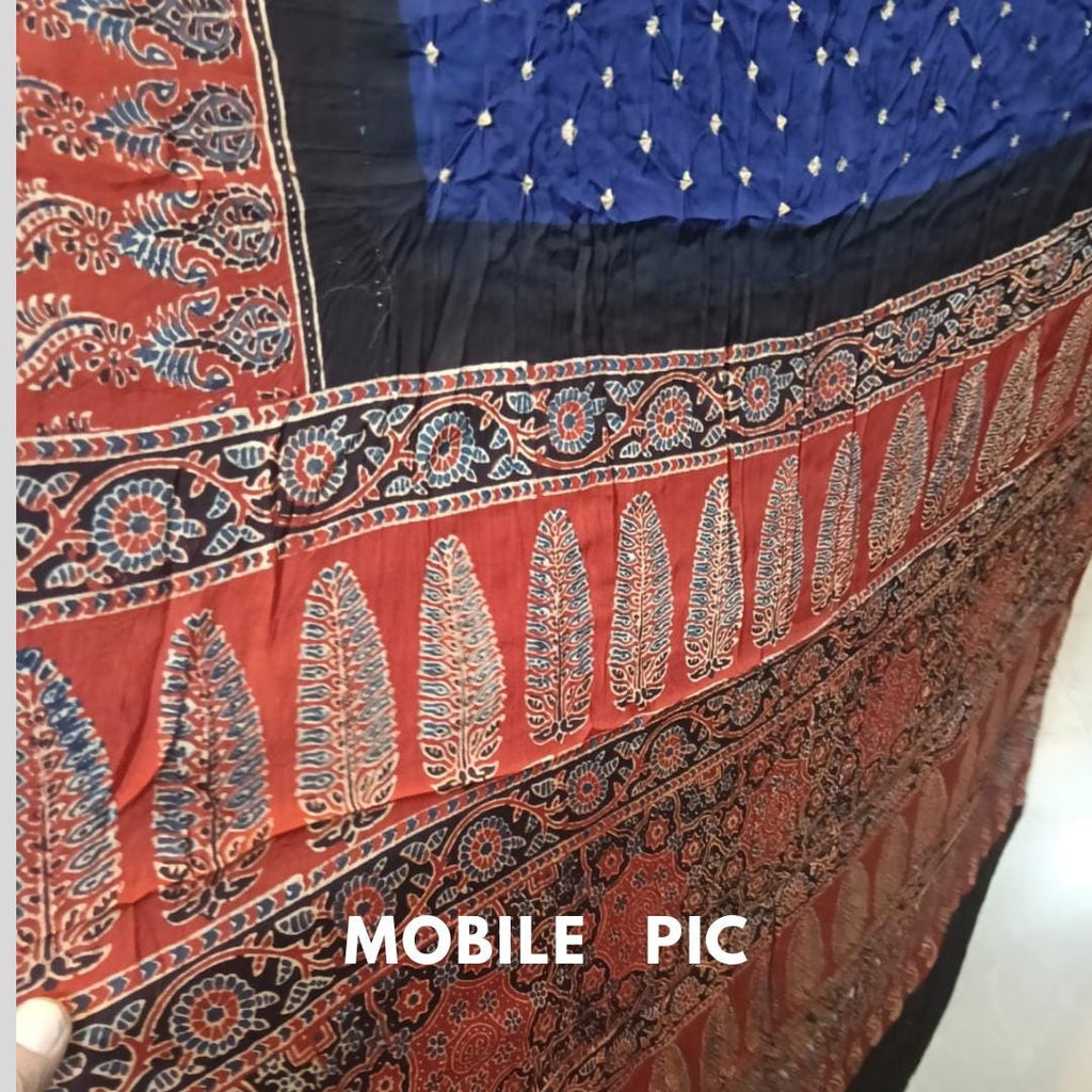 Ajrakh Modal Silk Bandhani Blue Saree with Blouse ,Mirror Work,Party, Sangeet, Wedding Outfit