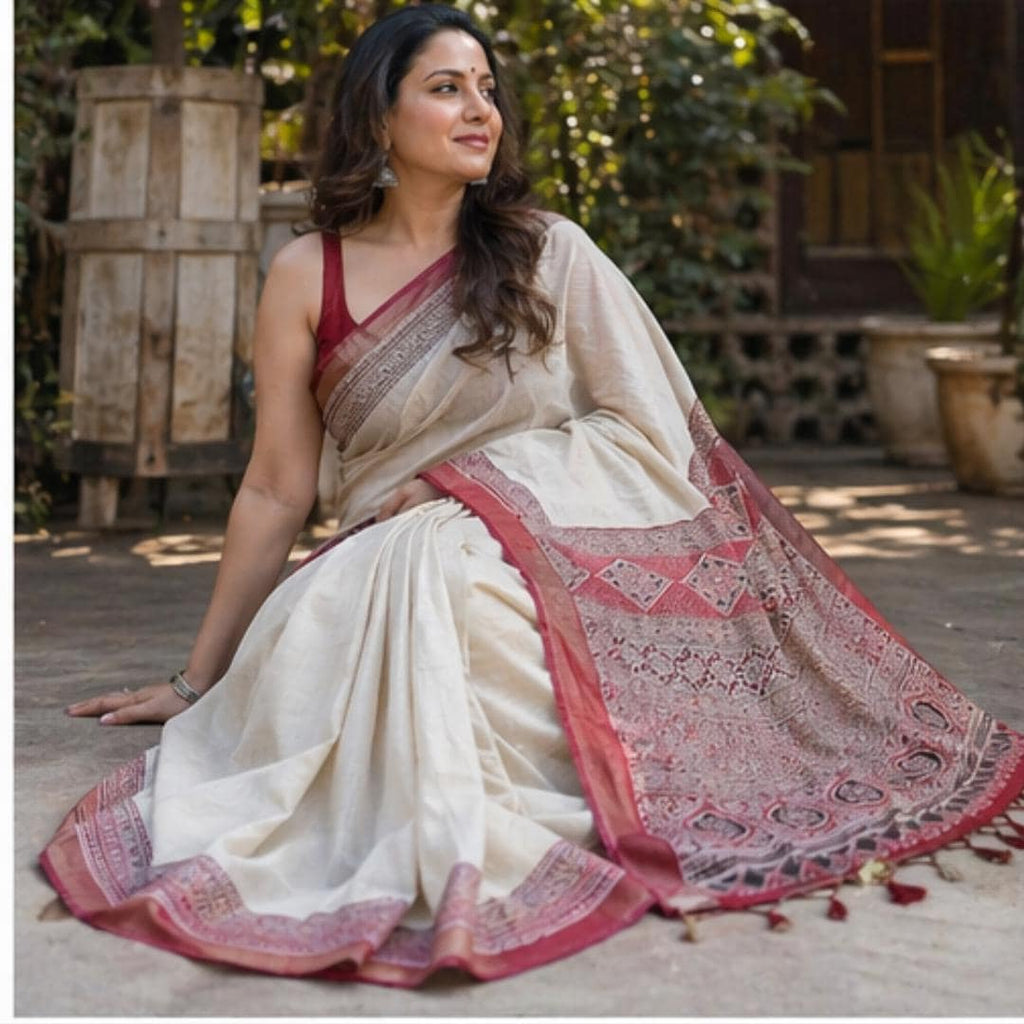 Ajrakh Modal Silk Saree With Blouse, Mirror Work Saree, Sangeet Outfit ,Wedding Party Wear