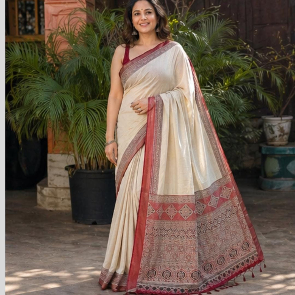 Ajrakh Modal Silk Saree With Blouse, Mirror Work Saree, Sangeet Outfit ,Wedding Party Wear