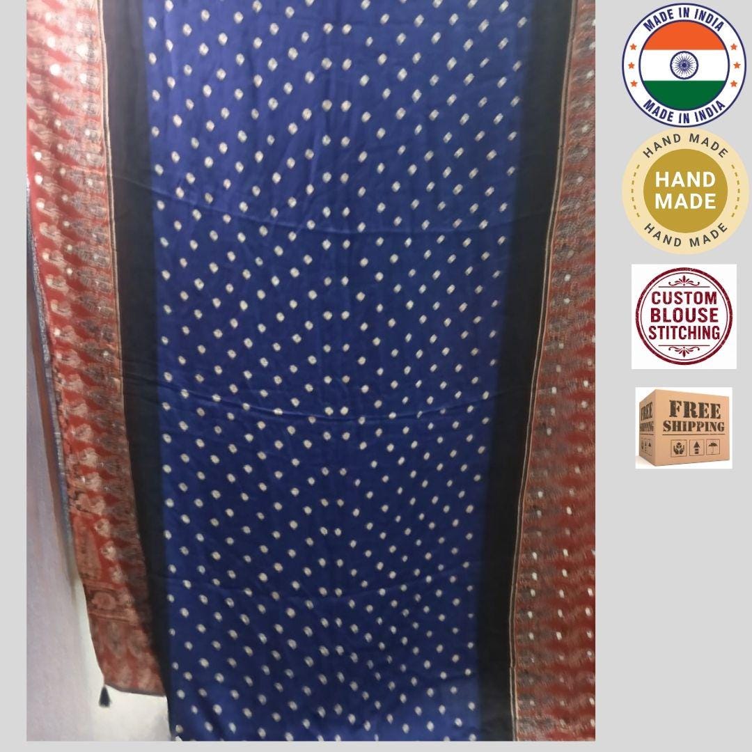 Ajrakh Modal Silk Bandhani Blue Saree with Blouse ,Mirror Work,Party, Sangeet, Wedding Outfit