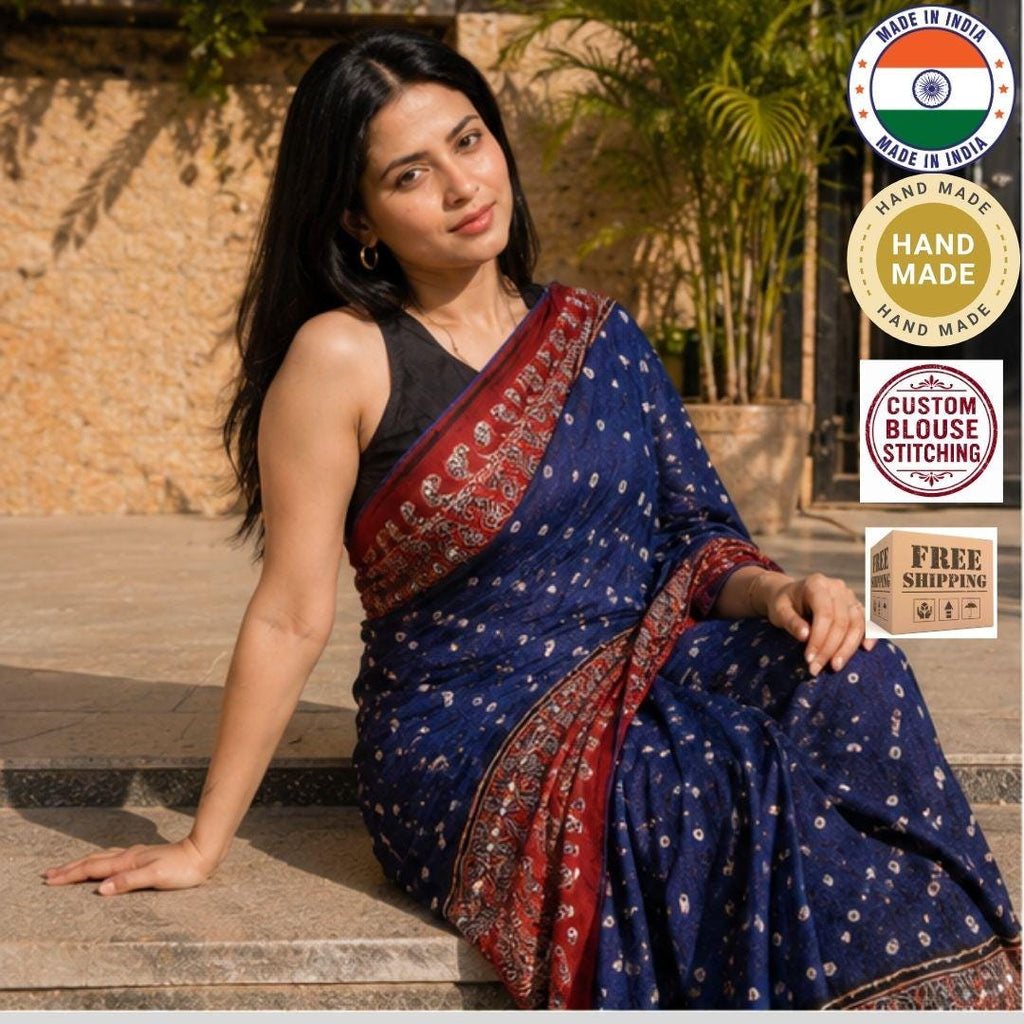 Ajrakh Modal Silk Bandhani Blue Saree with Blouse ,Mirror Work,Party, Sangeet, Wedding Outfit