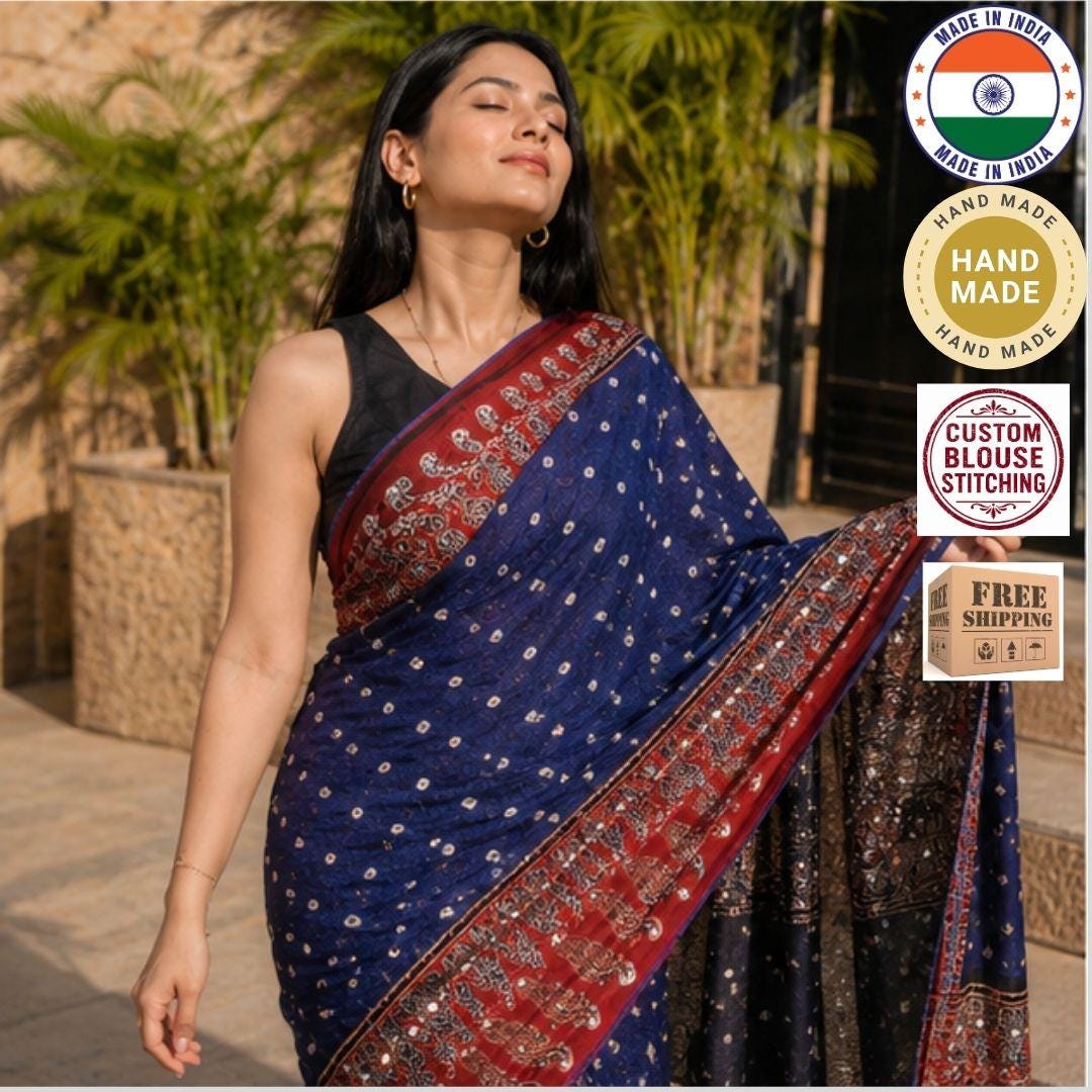 Ajrakh Modal Silk Bandhani Blue Saree with Blouse ,Mirror Work,Party, Sangeet, Wedding Outfit