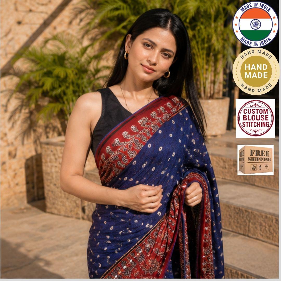Ajrakh Modal Silk Bandhani Blue Saree with Blouse ,Mirror Work,Party, Sangeet, Wedding Outfit
