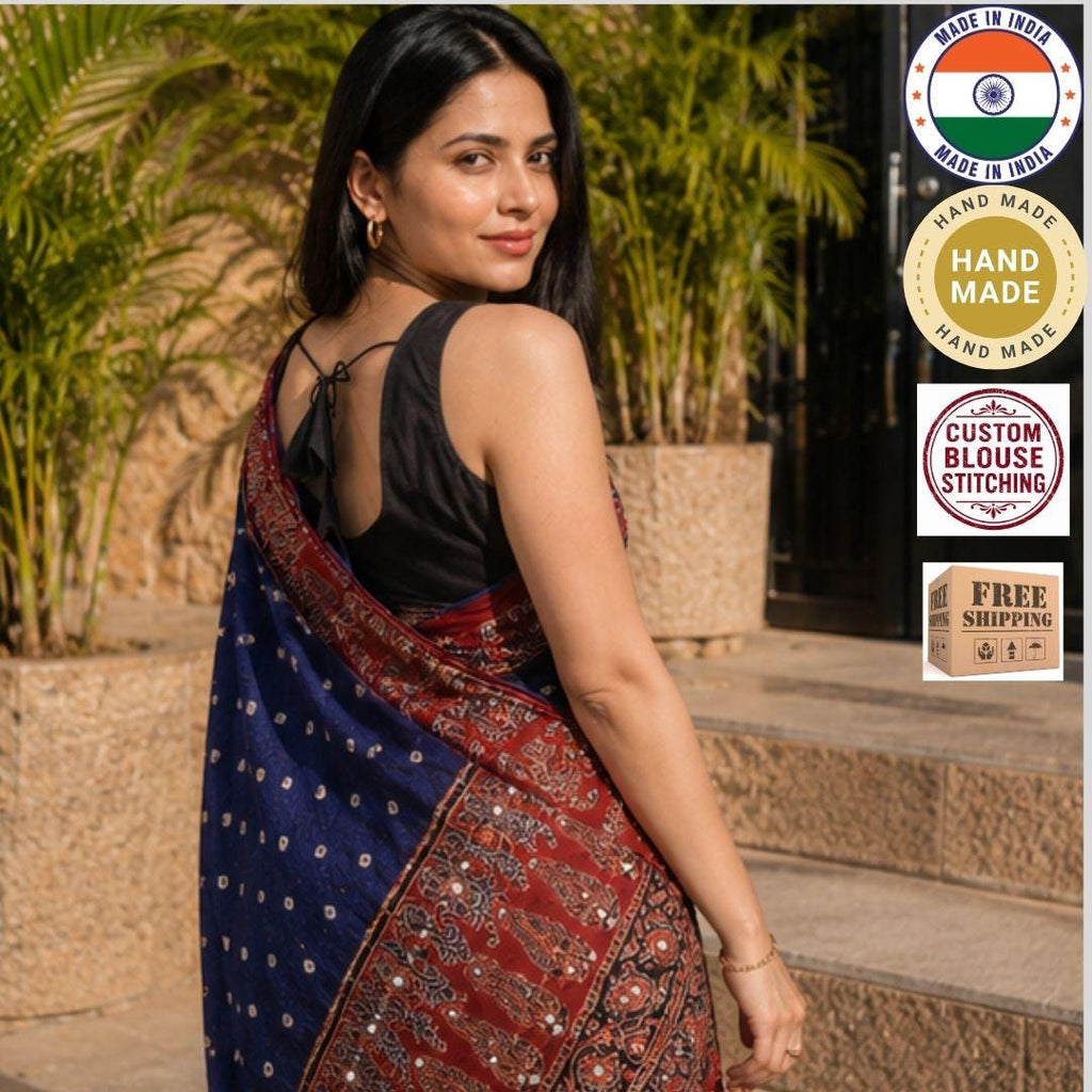 Ajrakh Modal Silk Bandhani Blue Saree with Blouse ,Mirror Work,Party, Sangeet, Wedding Outfit