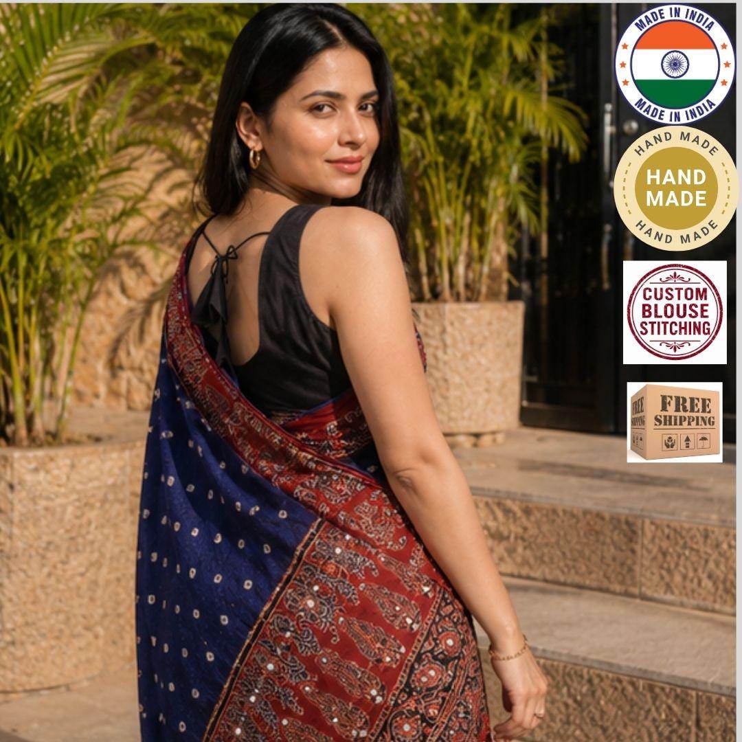 Ajrakh Modal Silk Bandhani Blue Saree with Blouse ,Mirror Work,Party, Sangeet, Wedding Outfit