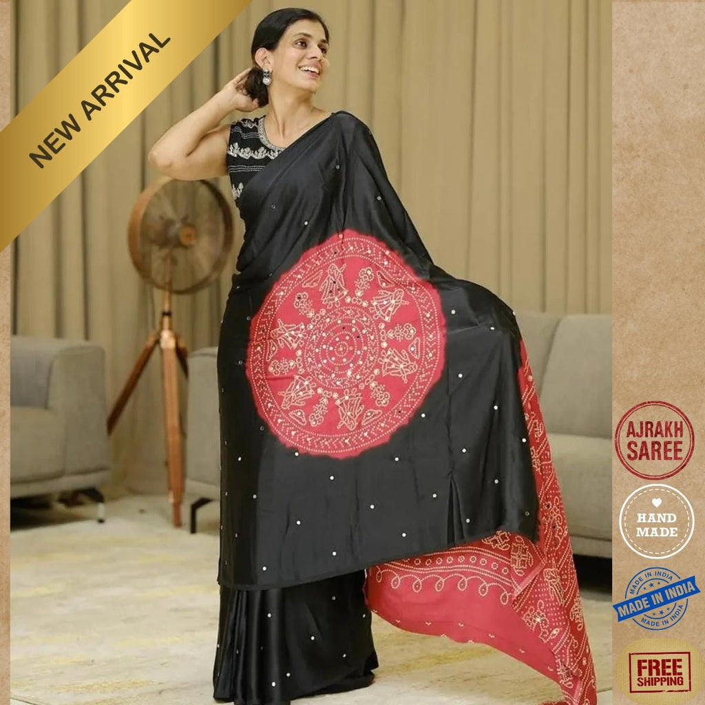 Ajrakh Modal Silk Saree With Blouse ,Glass Work , Sangeet Outfit, Wedding Party Wear Saree