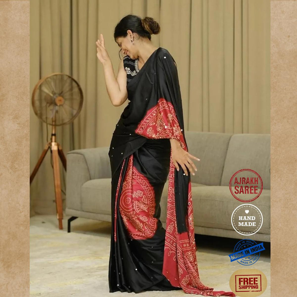 Ajrakh Modal Silk Saree With Blouse ,Glass Work , Sangeet Outfit, Wedding Party Wear Saree