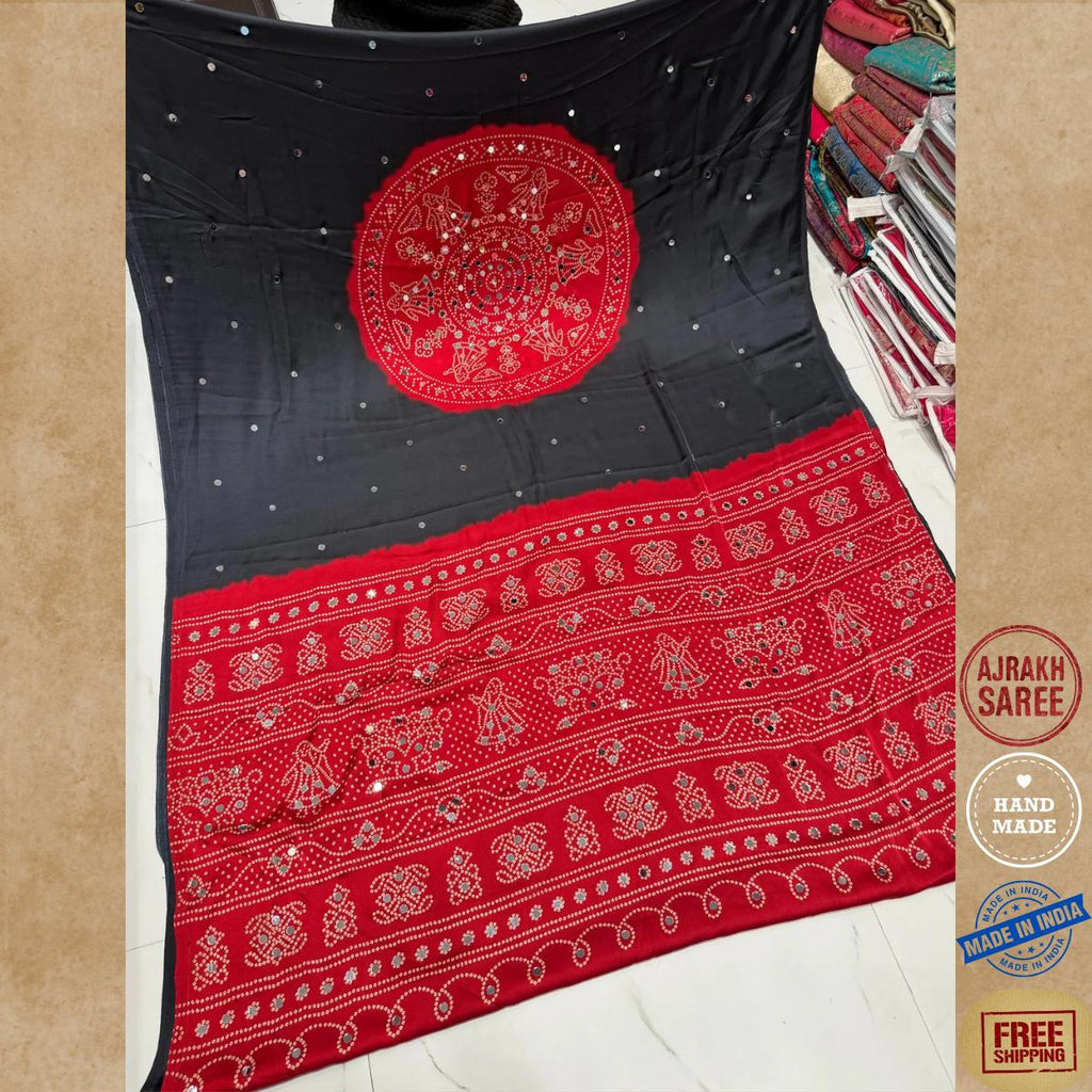 Ajrakh Modal Silk Saree With Blouse ,Glass Work , Sangeet Outfit, Wedding Party Wear Saree