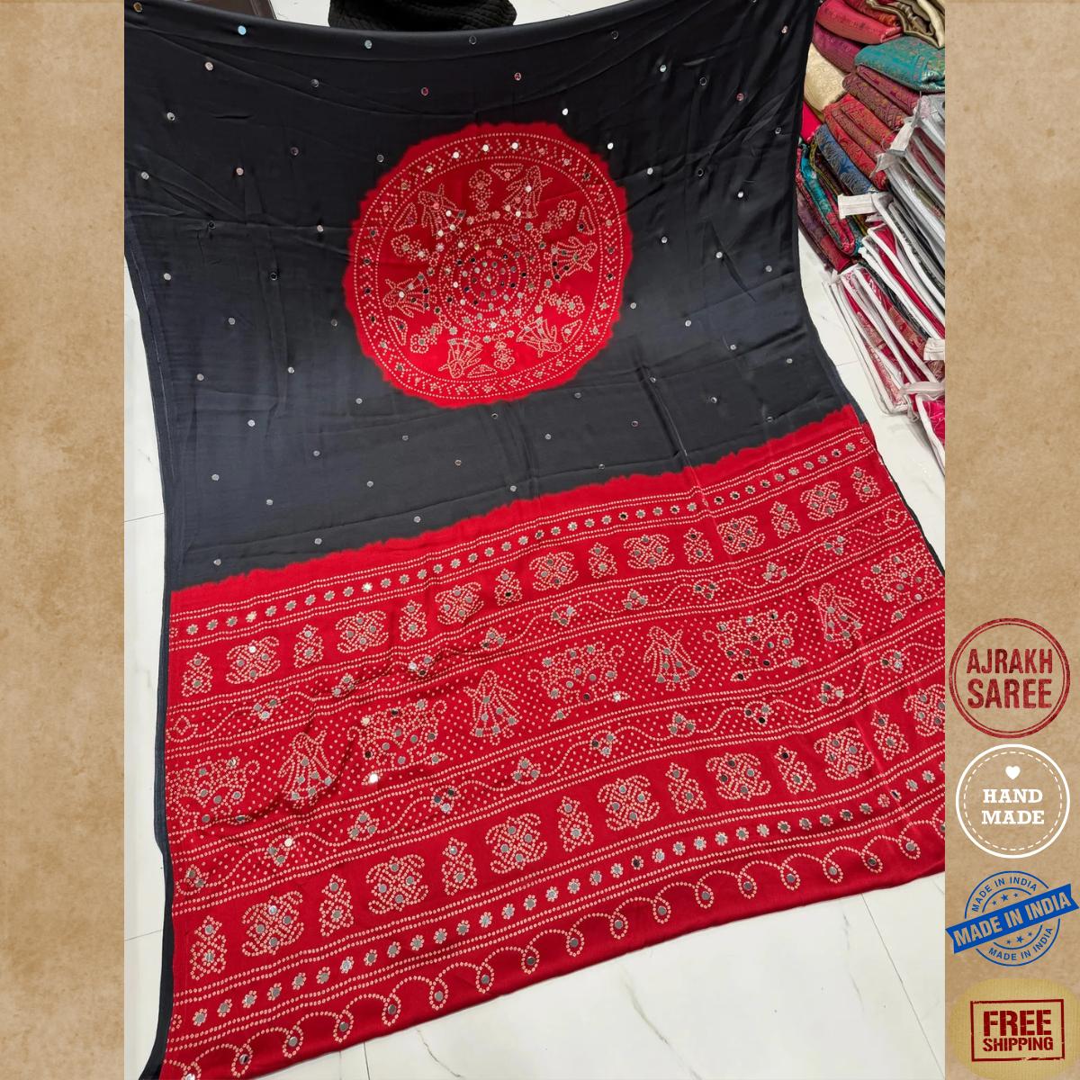 Ajrakh Modal Silk Saree With Blouse ,Glass Work , Sangeet Outfit, Wedding Party Wear Saree