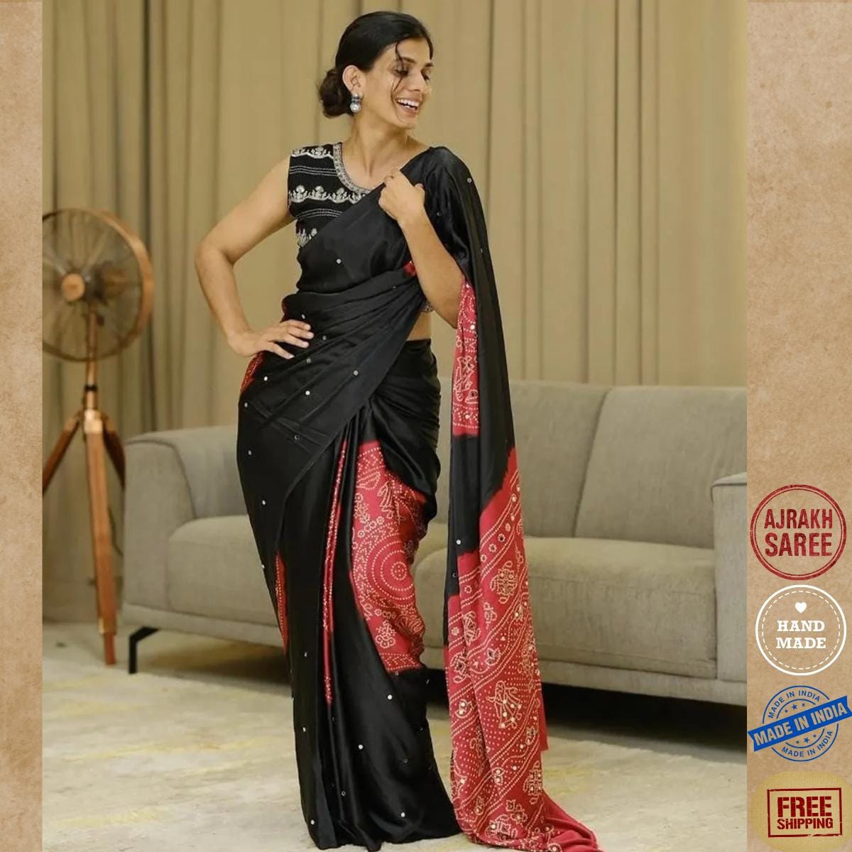 Ajrakh Modal Silk Saree With Blouse ,Glass Work , Sangeet Outfit, Wedding Party Wear Saree