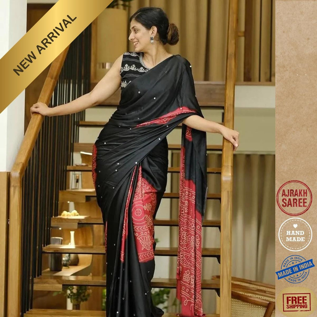Ajrakh Modal Silk Saree With Blouse ,Glass Work , Sangeet Outfit, Wedding Party Wear Saree