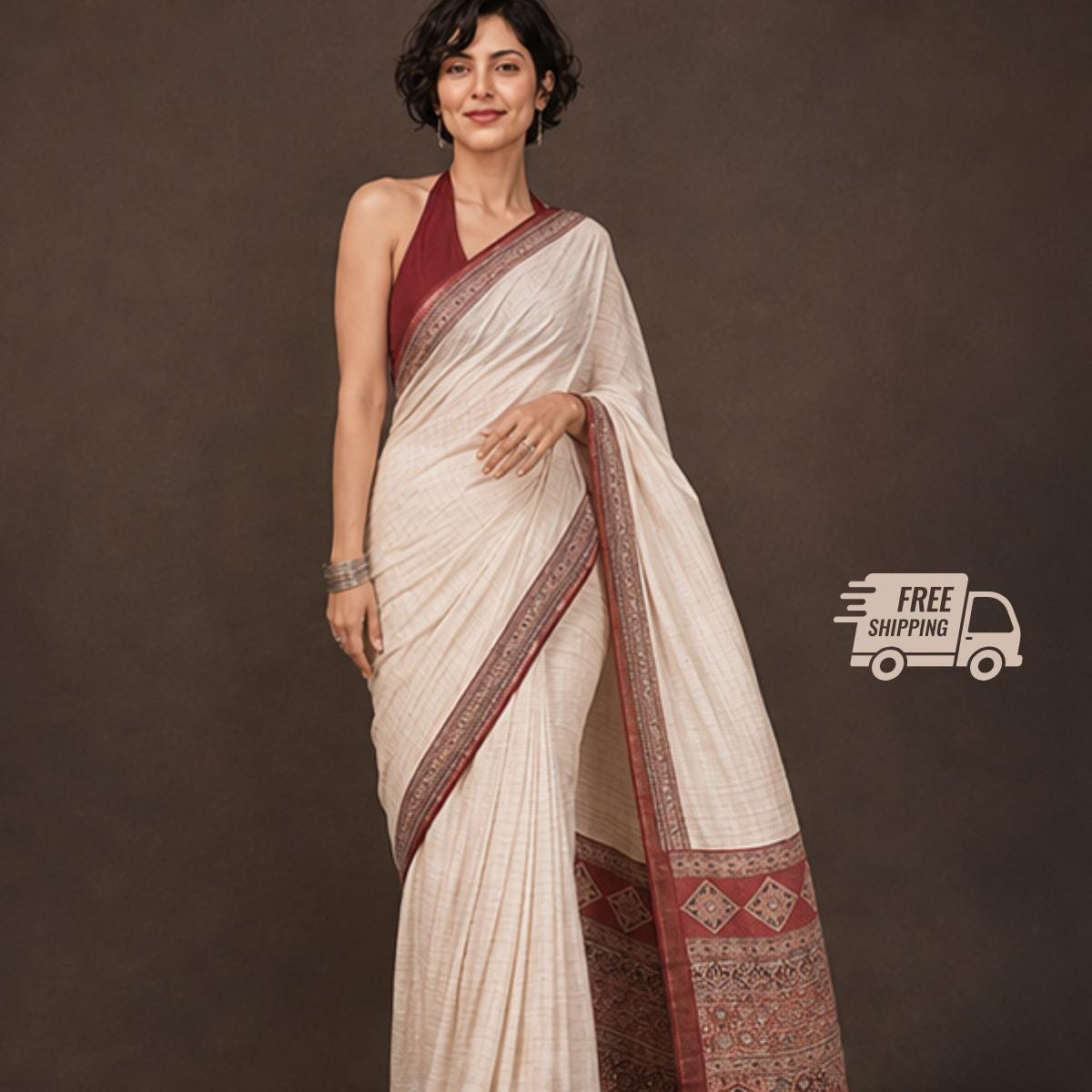 Ajrakh Modal Silk Saree With Blouse, Mirror Work Saree, Sangeet Outfit ,Wedding Party Wear