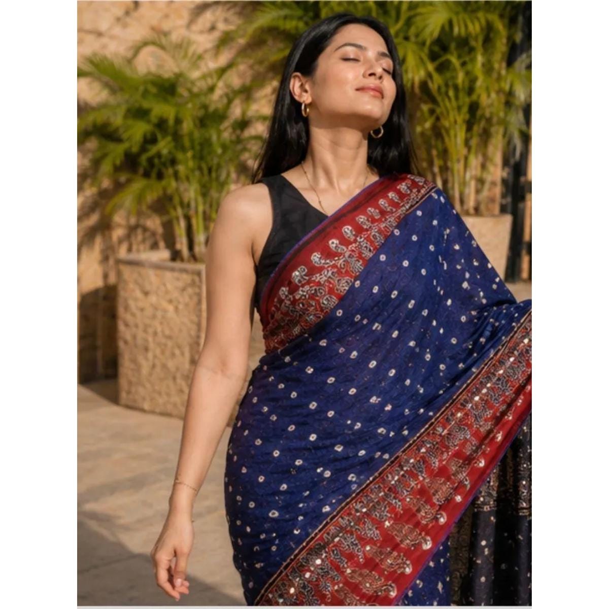 Ajrakh Modal Silk Bandhani Blue Saree with Blouse ,Mirror Work,Sangeet Outfit, Party Wear __etsy:8456353046