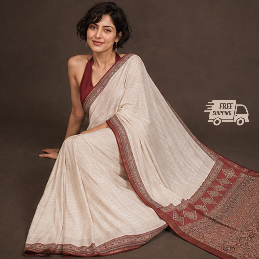 Ajrakh Modal Silk Saree With Blouse, Mirror Work Saree, Sangeet Outfit ,Wedding Party Wear