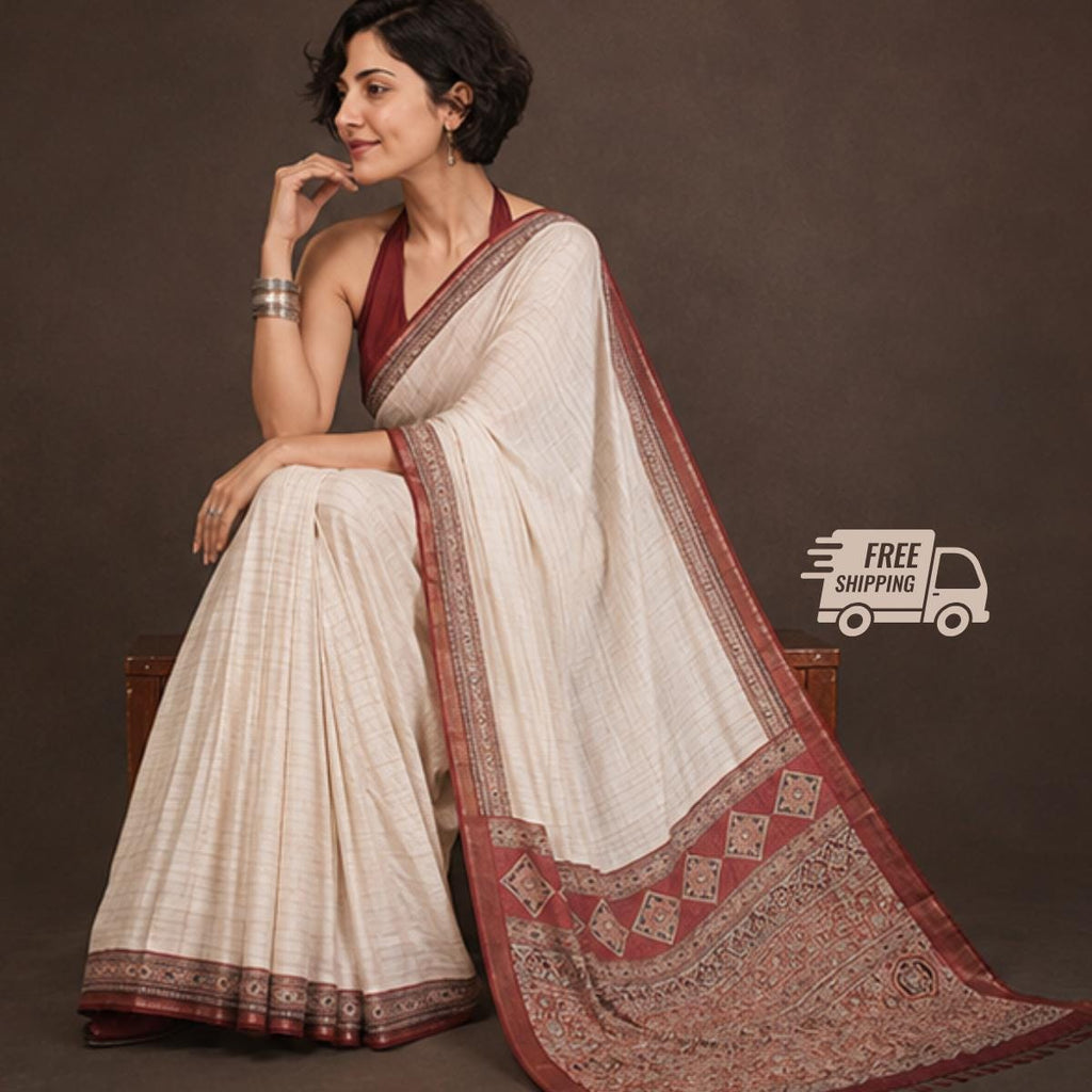 Ajrakh Modal Silk Saree With Blouse, Mirror Work Saree, Sangeet Outfit ,Wedding Party Wear