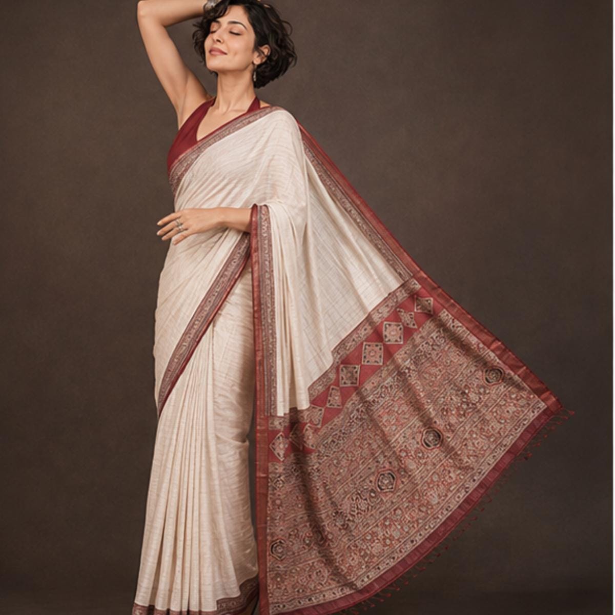 Ajrakh Modal Silk Saree With Blouse, Mirror Work Saree, Sangeet Outfit ,Wedding Party Wear