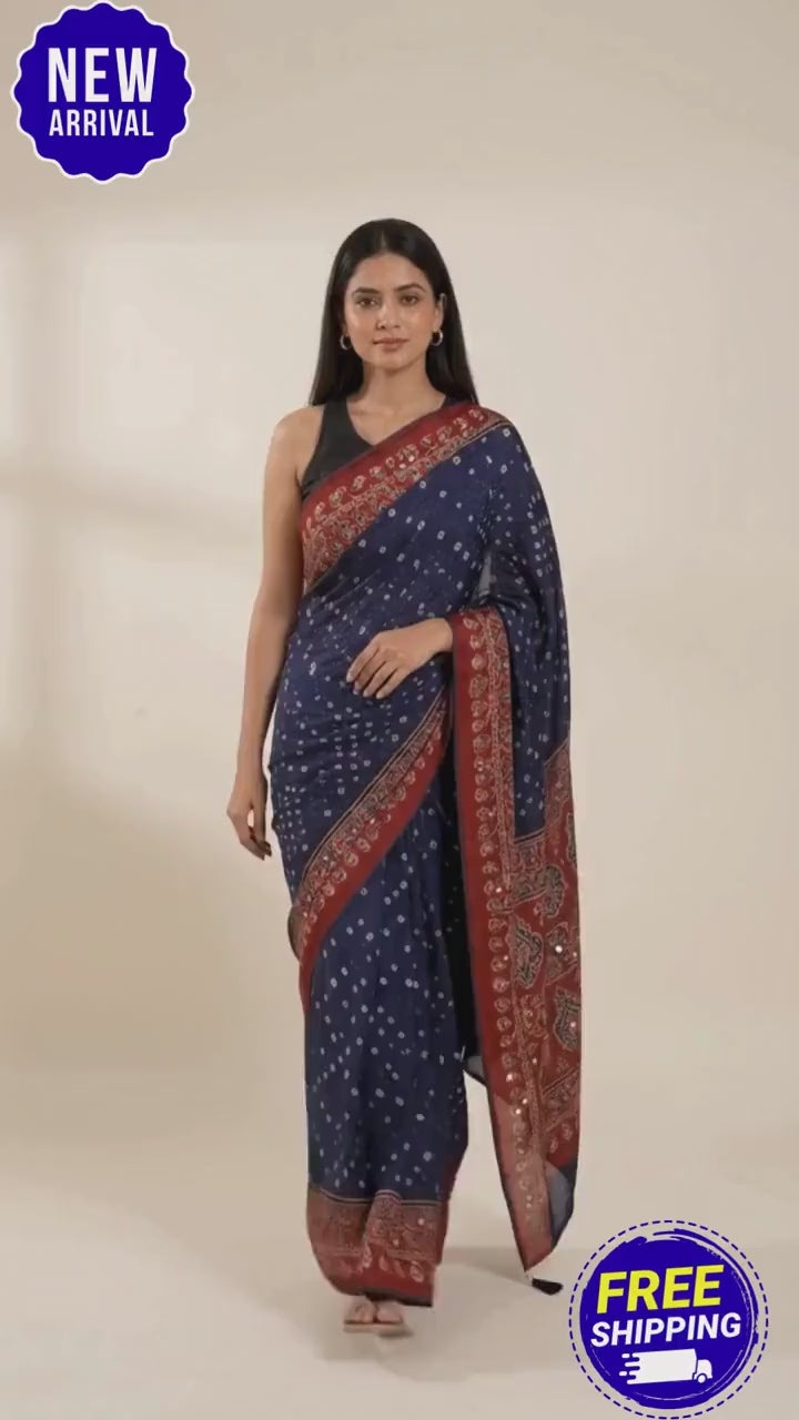 Ajrakh Modal Silk Bandhani Blue Saree with Blouse ,Mirror Work,Sangeet Outfit, Party Wear