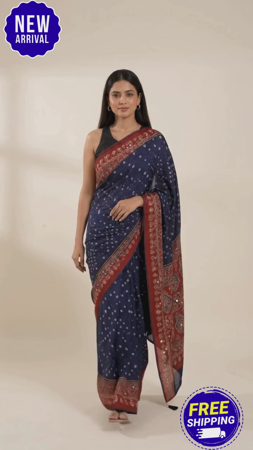 Ajrakh Modal Silk Bandhani Blue Saree with Blouse ,Mirror Work,Sangeet Outfit, Party Wear