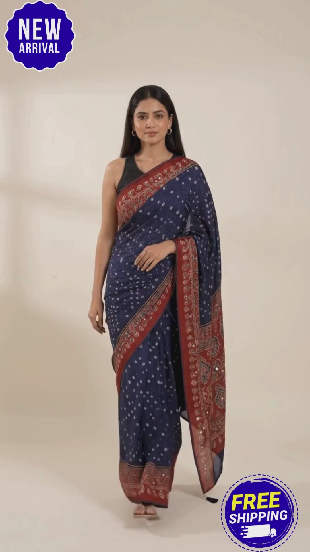 Ajrakh Modal Silk Bandhani Blue Saree with Blouse ,Mirror Work,Sangeet Outfit, Party Wear